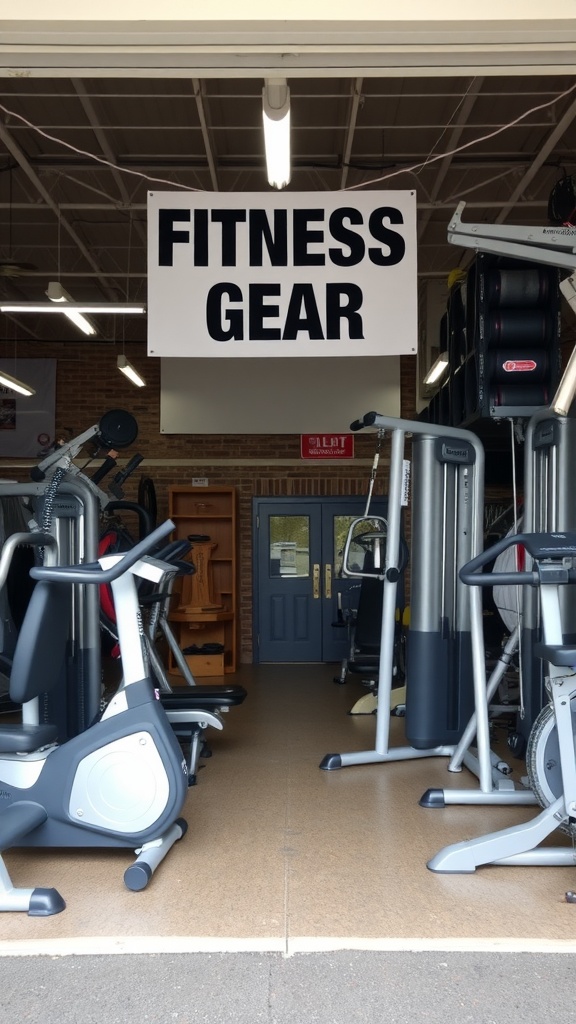 Entrance of a consignment shop featuring fitness equipment for sale.
