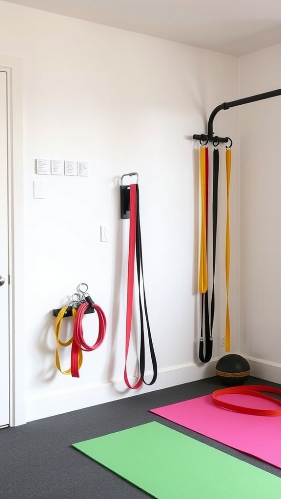 A neatly organized home gym corner with resistance bands, mats, and a wall anchor.