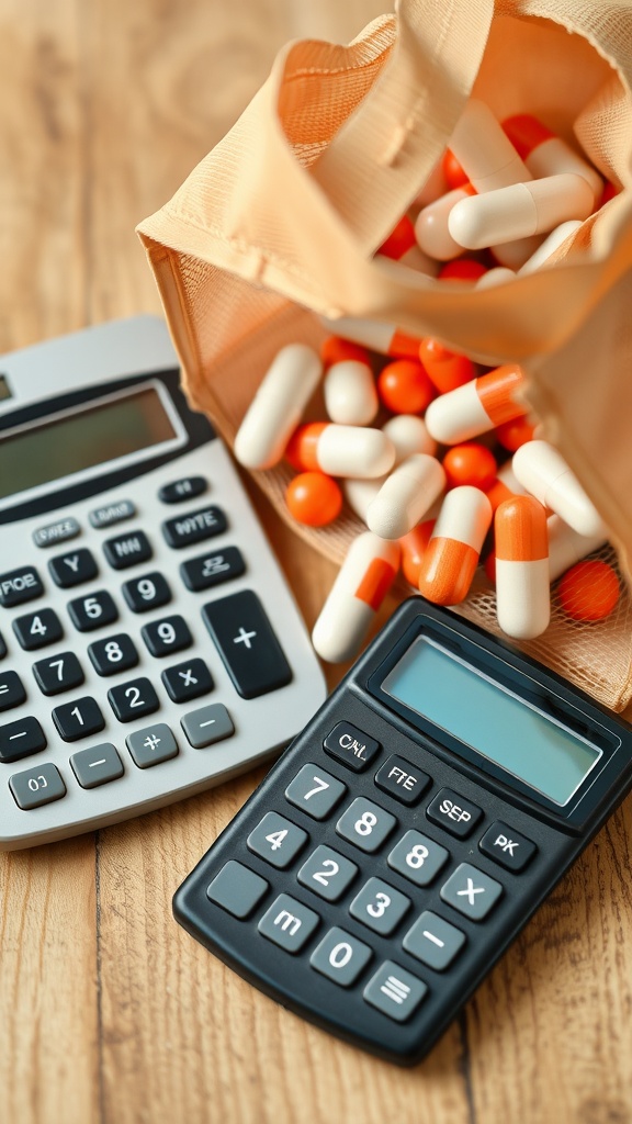 A collection of appetite suppressant pills alongside calculators on a wooden surface.