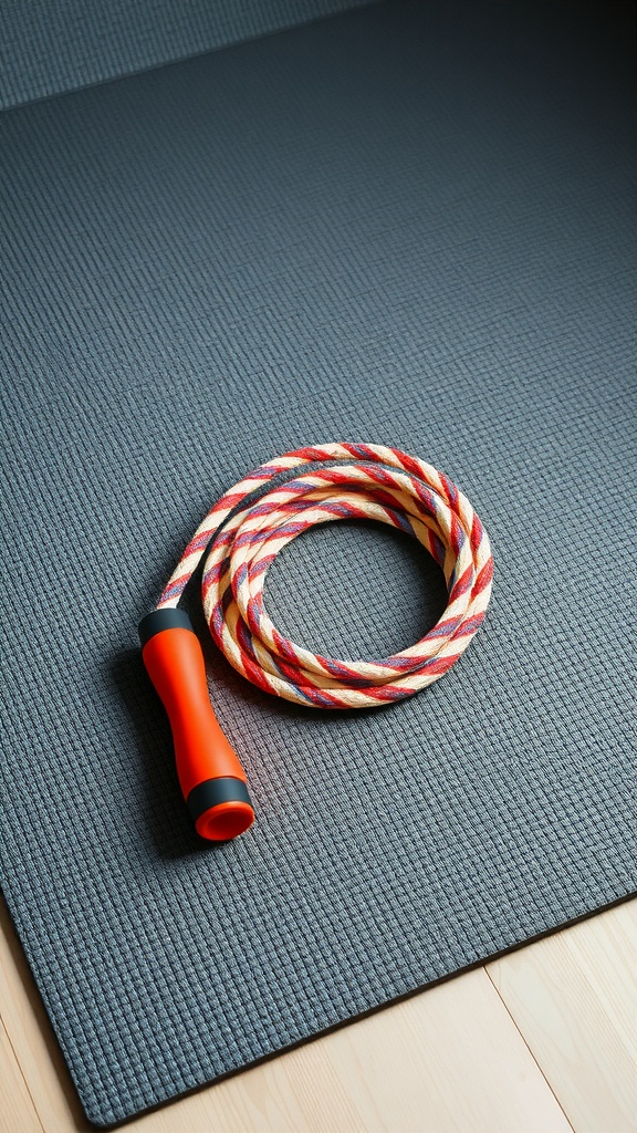 A colorful jump rope with red handles resting on a textured mat.