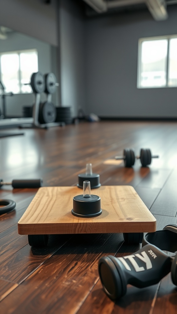 A homemade balance board with wheels, resting on a wooden floor, surrounded by gym equipment.