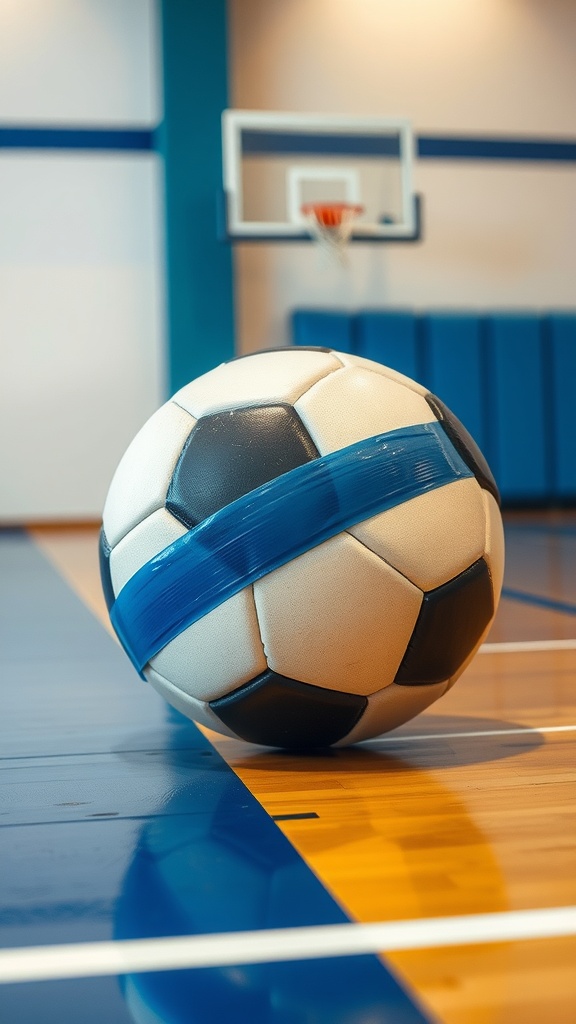 A soccer ball with blue tape on a gym floor