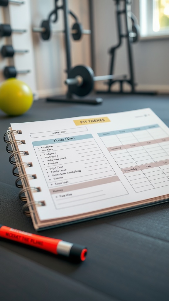 A workout planner on a desk with gym equipment in the background