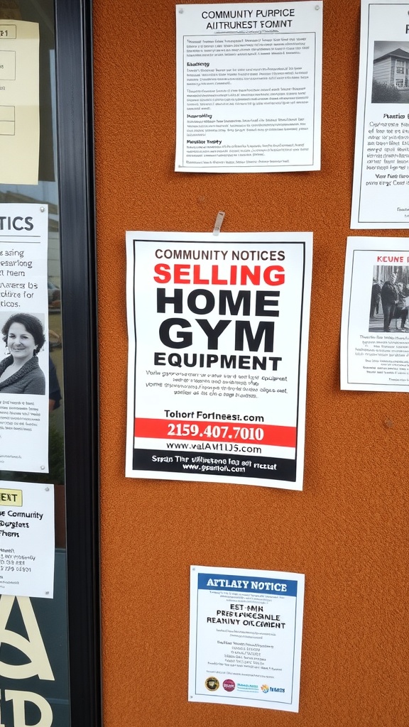 A flyer advertising the sale of home gym equipment displayed in a community notice board.