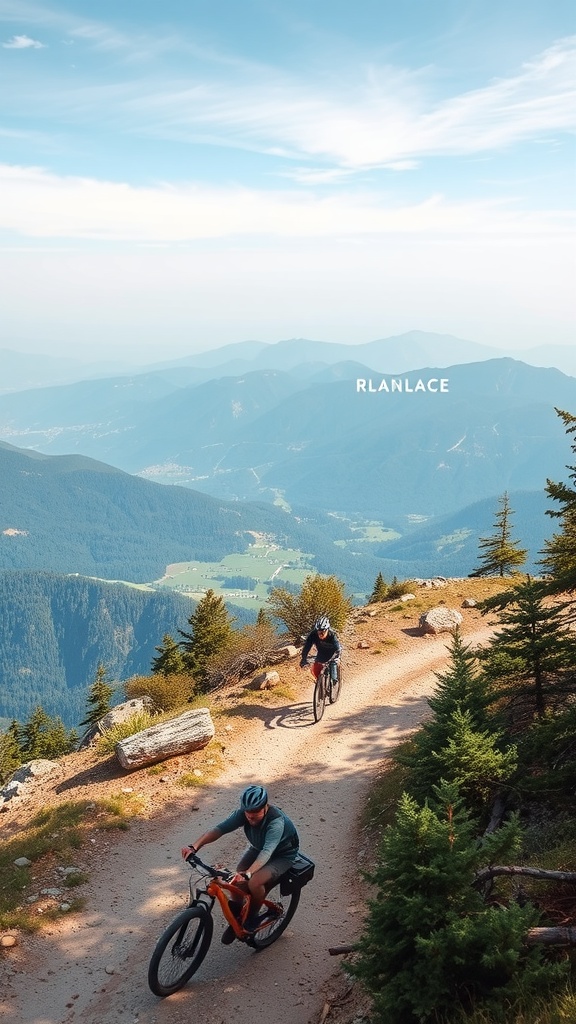 Two cyclists riding on a mountain trail surrounded by trees and mountains.