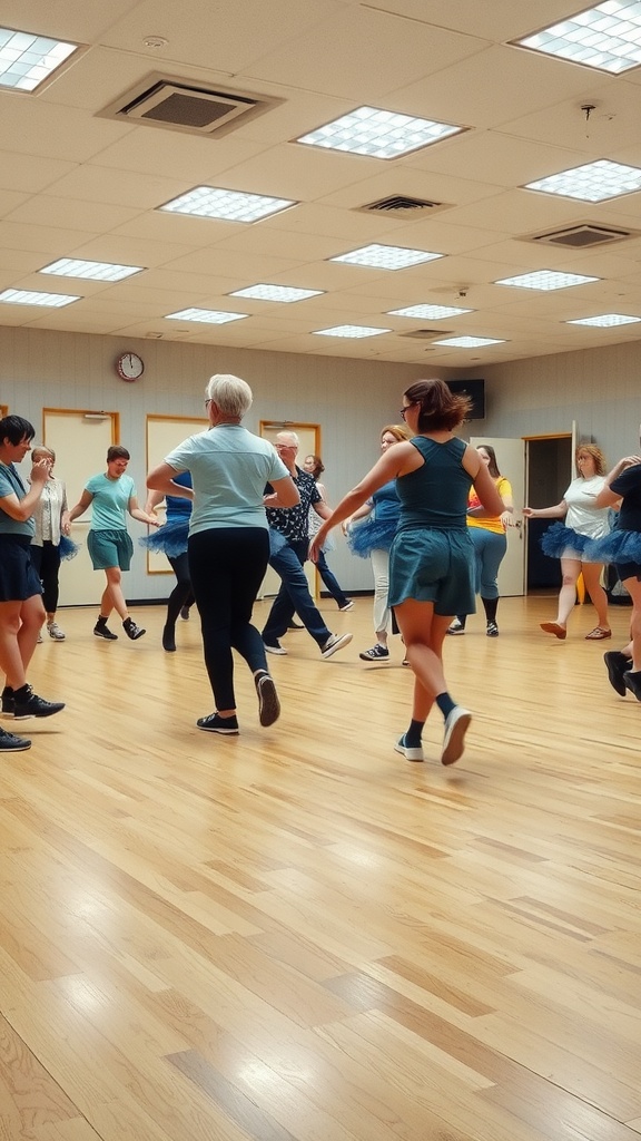 Group of people dancing in a bright studio