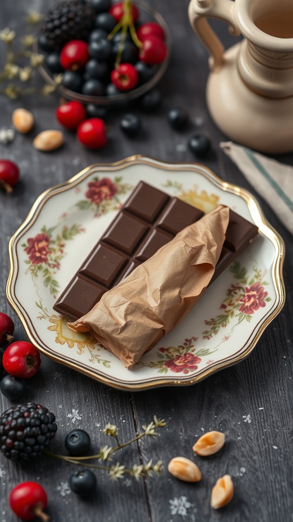 A plate with dark chocolate, berries, and nuts arranged beautifully.