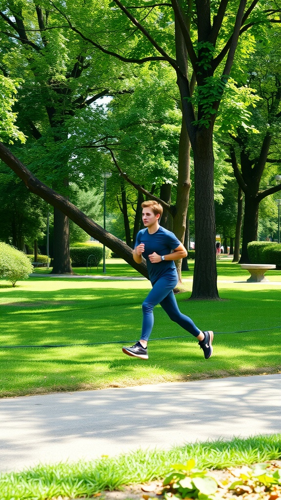 A person jogging in a green park, emphasizing aerobic exercise.