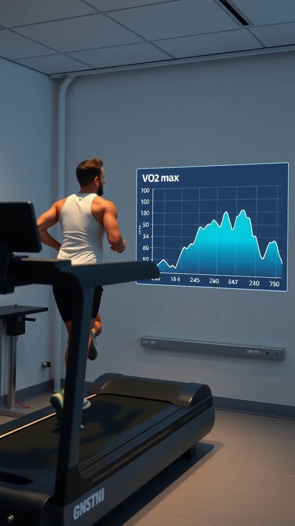 A person running on a treadmill while monitoring their VO2 max on a screen.