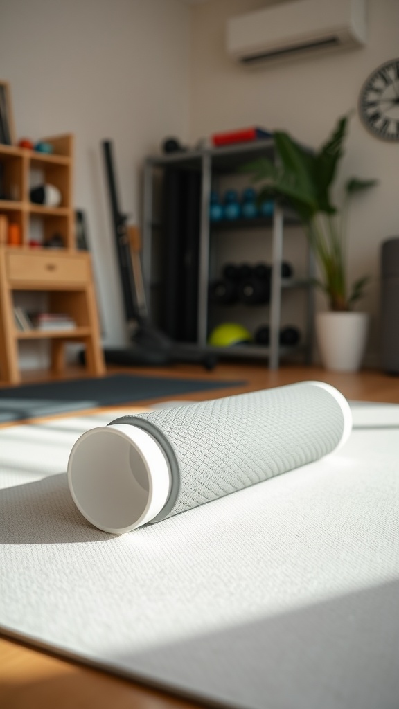 A DIY foam roller made from PVC and foam placed on a gym mat.