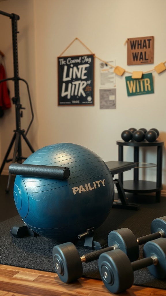 A DIY stability ball weight bench setup with dumbbells and a stability ball in a home gym.
