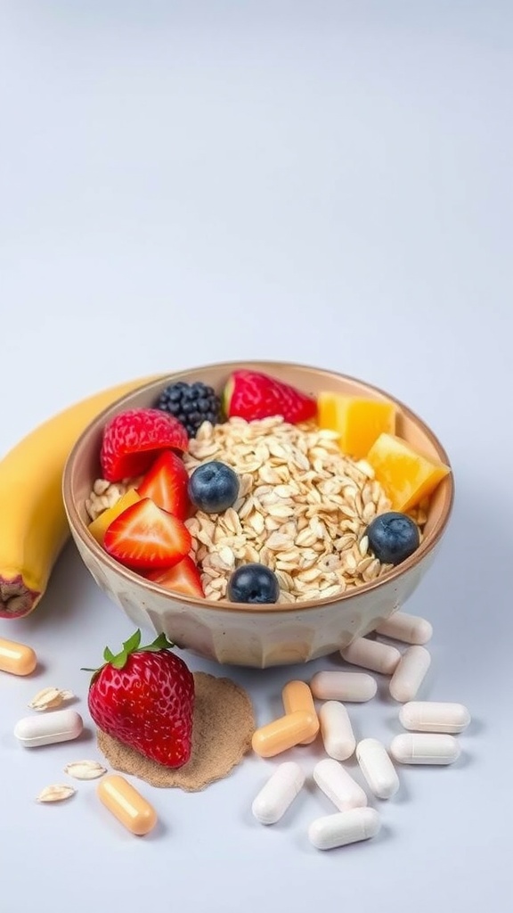 A healthy oatmeal bowl with fruits and nuts, emphasizing dietary fiber.