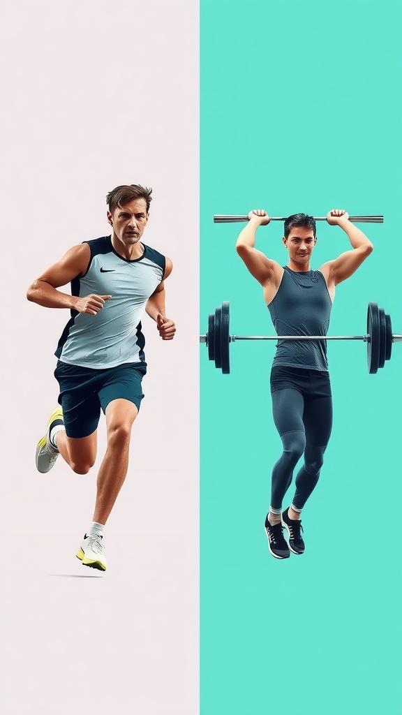 A split image showing a man running on the left and a woman lifting weights on the right.