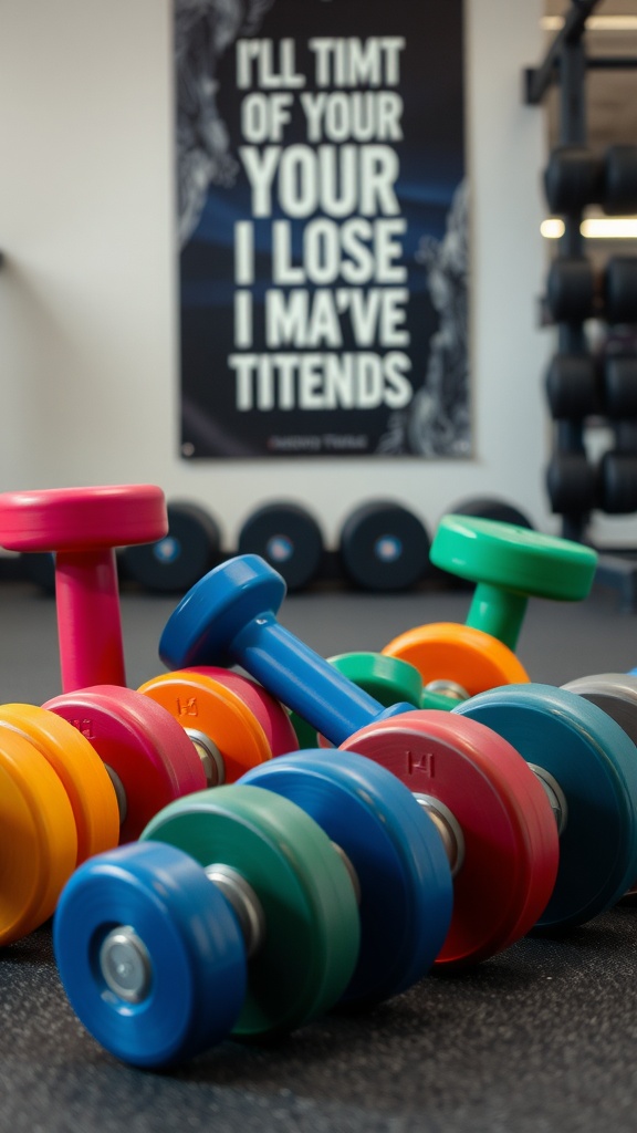 A collection of colorful dumbbells stacked on a gym floor