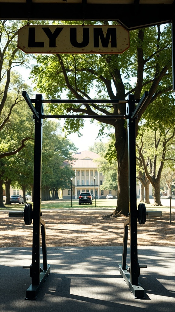 Outdoor gym resistance training rig in a park setting