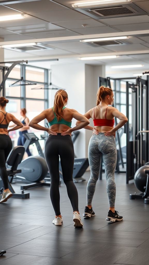 Two women at the gym doing exercises to sculpt their hips, showcasing different workout poses.