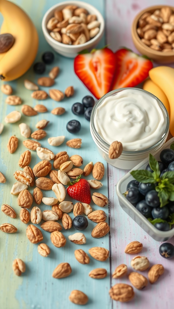 A variety of healthy snacks including nuts, yogurt, strawberries, blueberries, and bananas on a colorful background.