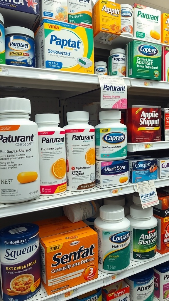 A shelf with various appetite suppressant pills and products.