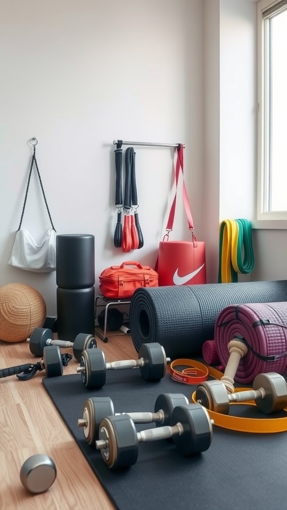 A well-equipped home gym with dumbbells, resistance bands, and yoga mats.