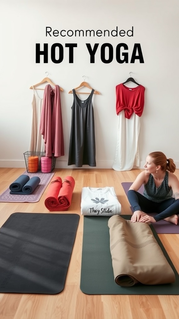 A selection of hot yoga attire and mats, featuring colorful clothing, rolled yoga mats, and towels.
