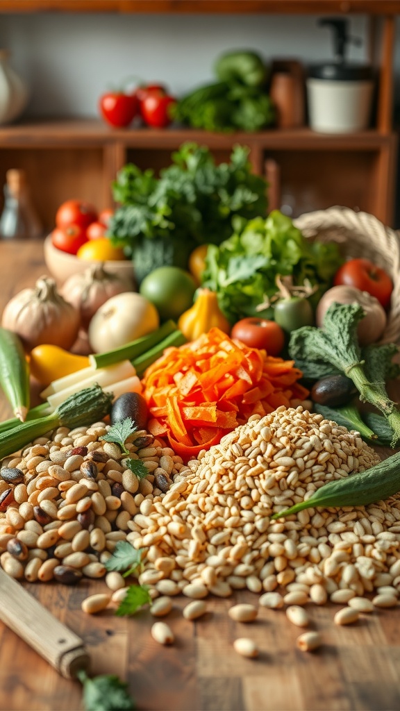 A variety of fiber-rich foods including vegetables, grains, and legumes arranged on a wooden table.