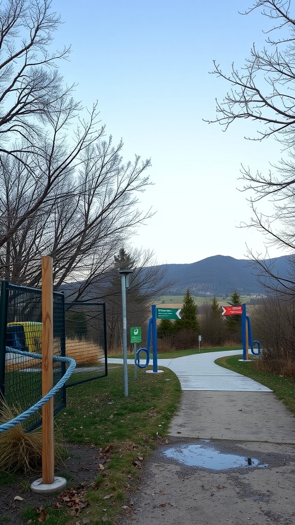 A path in a park with exercise points and scenic views of mountains.