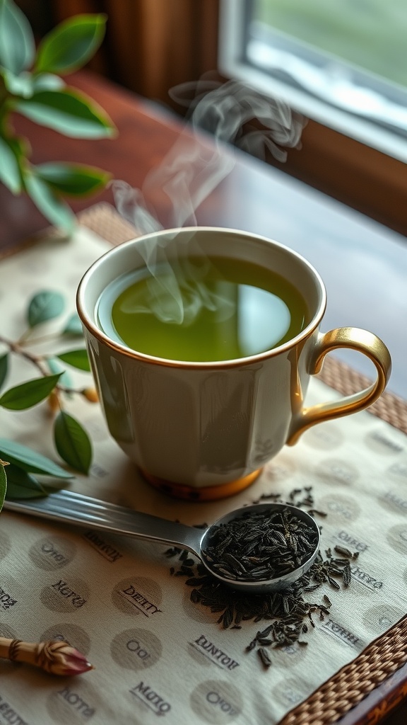 A steaming cup of green tea with loose tea leaves on a spoon beside it.