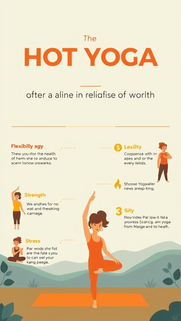 Infographic highlighting the benefits of hot yoga, including flexibility, strength, stress relief, and cardiovascular health.