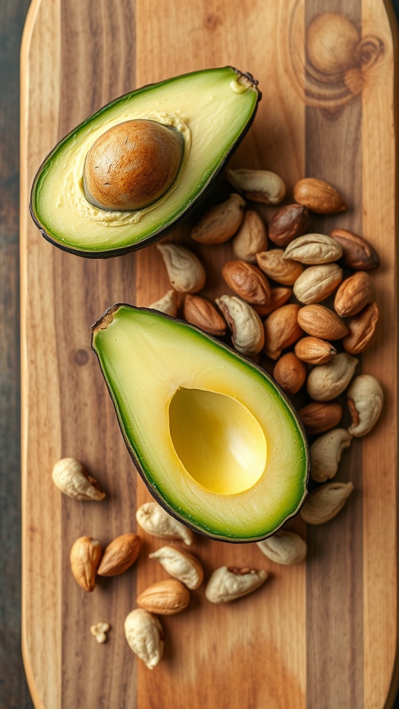 Halved avocado on a wooden platter with assorted nuts