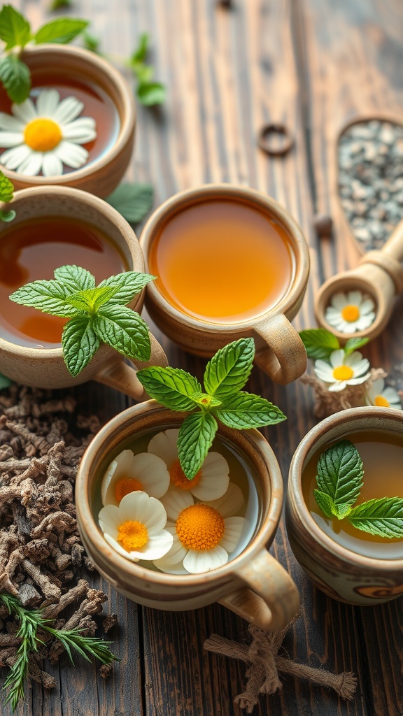 An assortment of herbal teas in cups with mint leaves and chamomile flowers, displayed on a wooden surface.