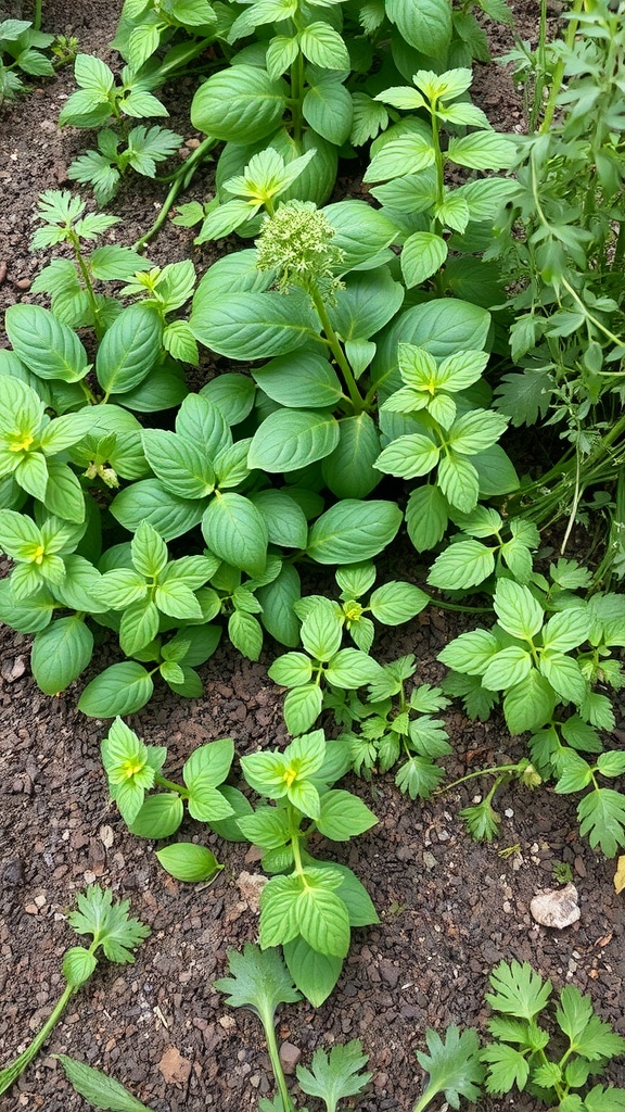 A variety of green herbs growing in a garden