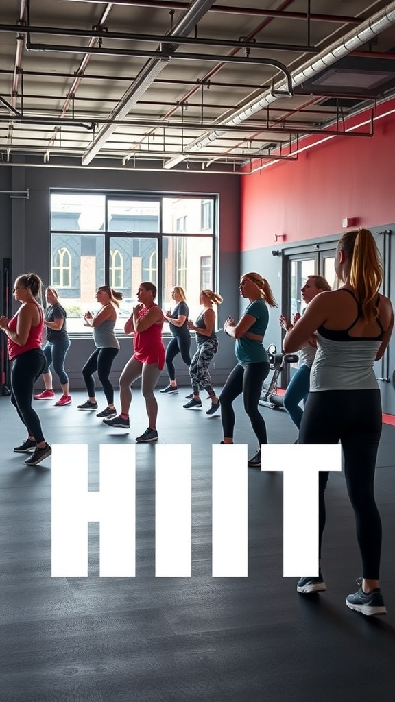 A group of people participating in a High-Intensity Interval Training (HIIT) session in a gym.