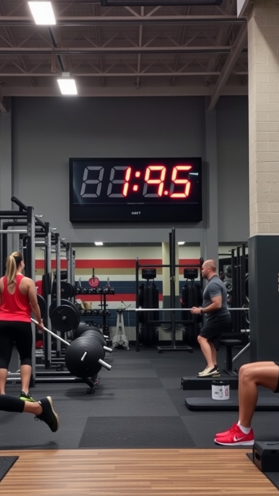 A gym scene with individuals engaged in high-intensity exercises, featuring a digital timer displaying 1:9.5.