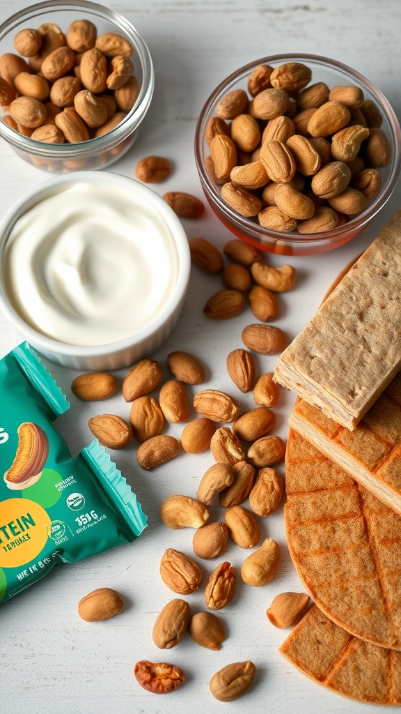 A variety of high-protein snacks including nuts, yogurt, and protein bars.