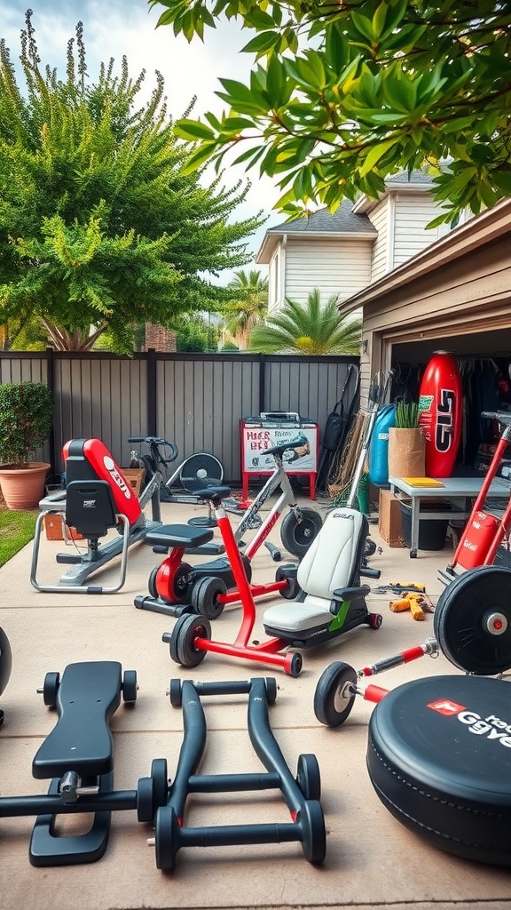 A variety of home gym equipment displayed in a garage sale setting.