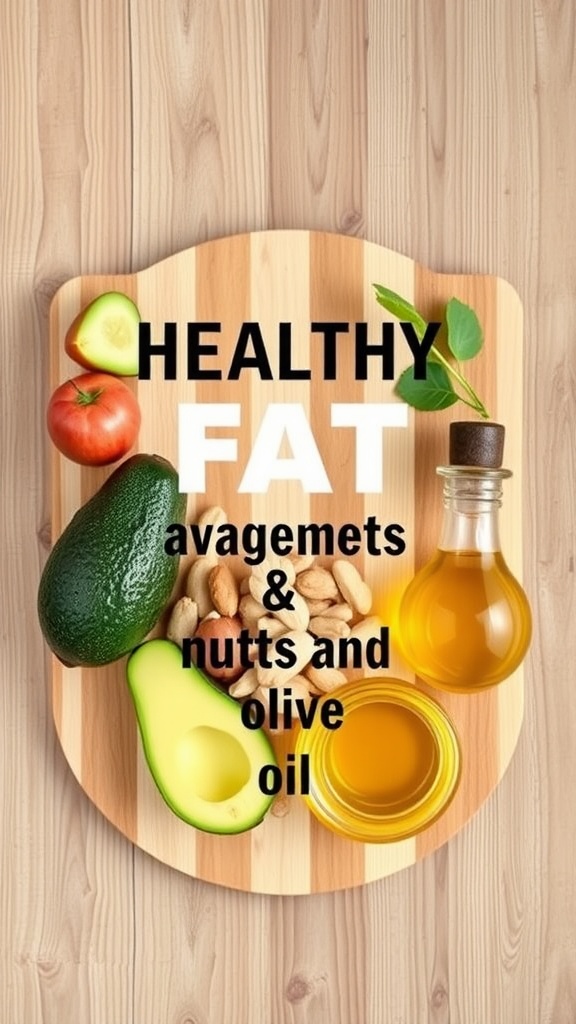 A cutting board with healthy fats like avocados, nuts, and olive oil.