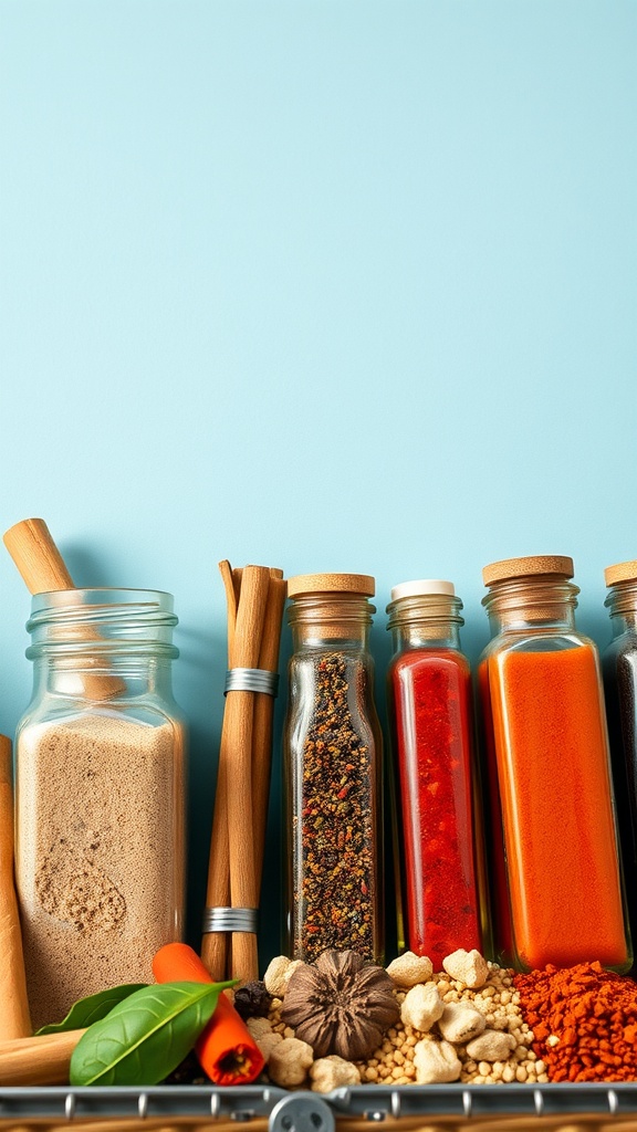 A collection of various spices and herbs in glass jars on a light blue background.