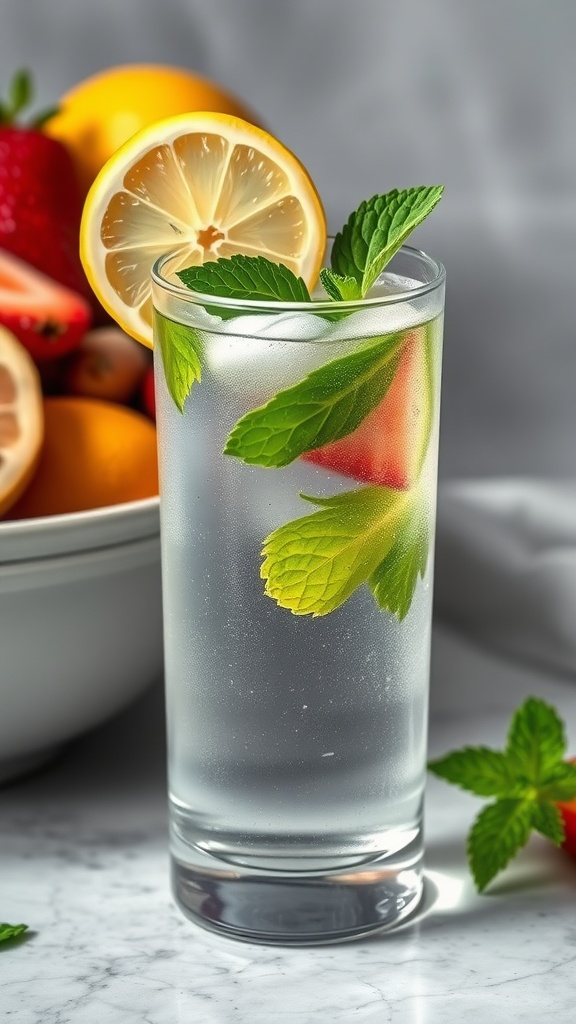 A refreshing glass of mint and lemon infused water with a bowl of assorted fruits in the background.