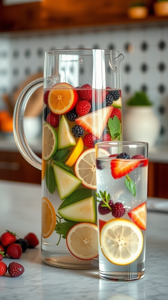 A pitcher and glass of fruit-infused water with lemon, berries, and mint on a kitchen counter.