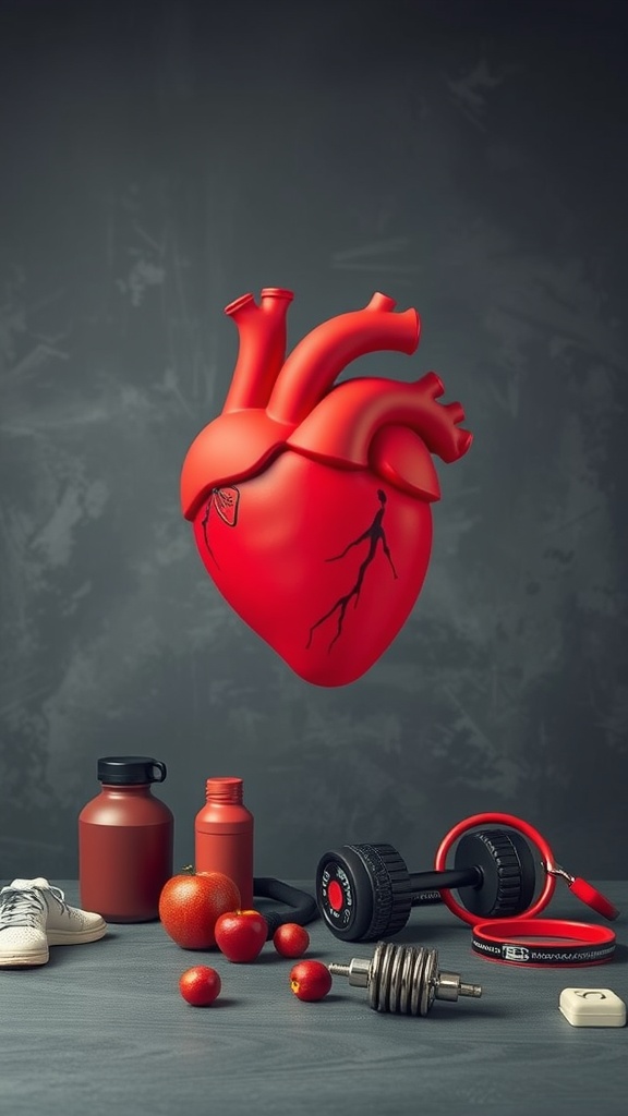A vibrant red heart surrounded by fitness equipment and healthy food.