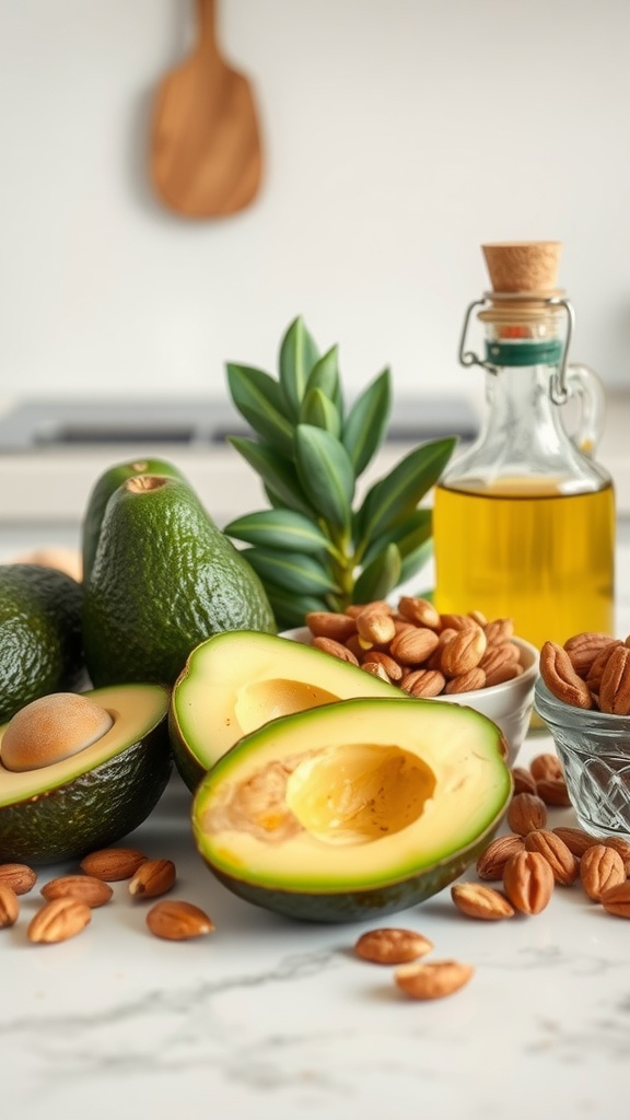 A variety of avocados and nuts arranged on a kitchen counter with a bottle of olive oil.