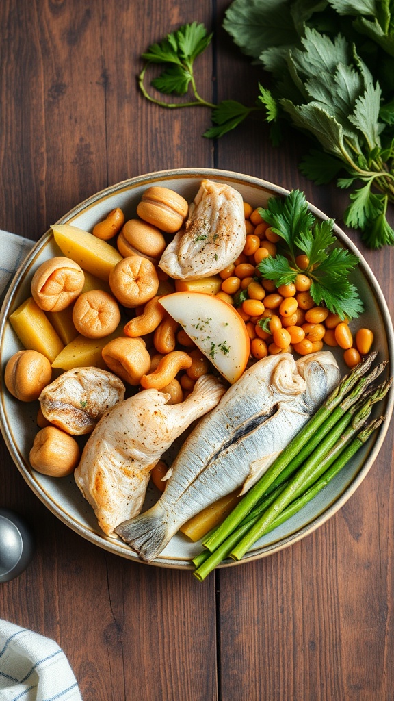 A plate with various protein-rich foods like fish and chicken, accompanied by vegetables.
