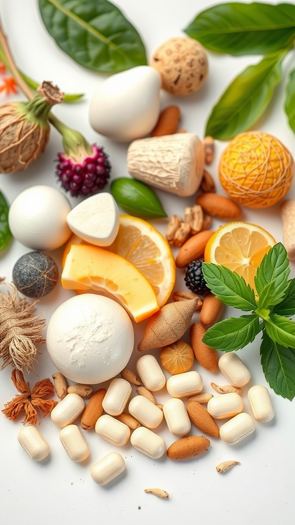 A variety of natural ingredients including fruits, herbs, and capsules arranged on a plate.