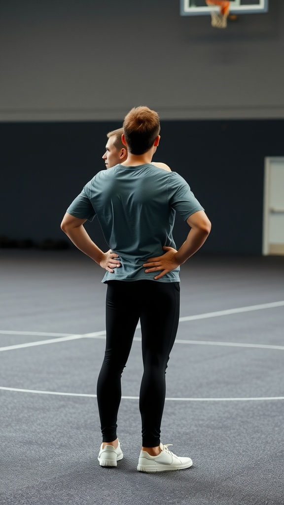 Two individuals on a basketball court, one standing with hands on hips, looking towards the other.