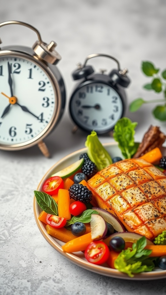 A plate of grilled salmon with colorful vegetables, accompanied by two clocks.