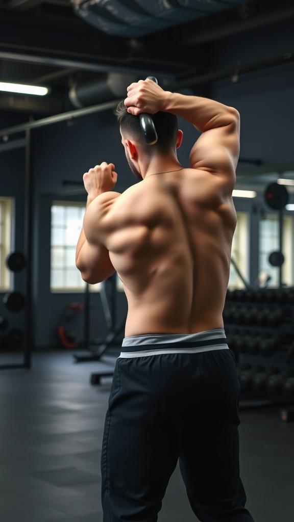 A person performing a kettlebell swing exercise in a gym setting.