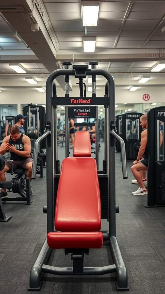 A leg press machine in a gym with people working out in the background.