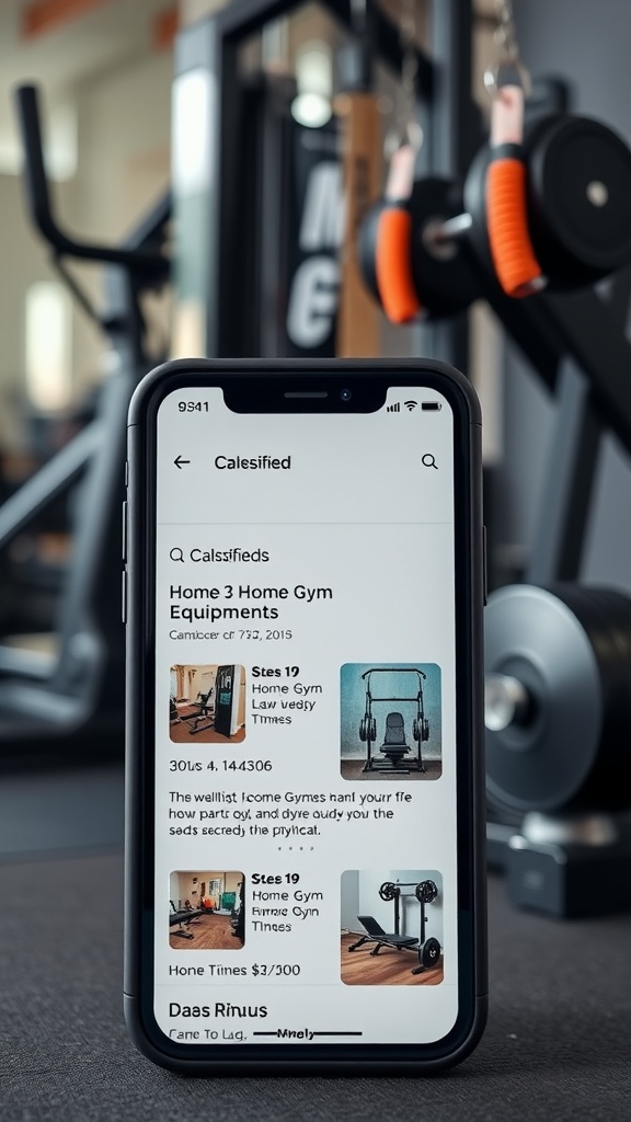 A smartphone displaying a local classified ads page for home gym equipment.