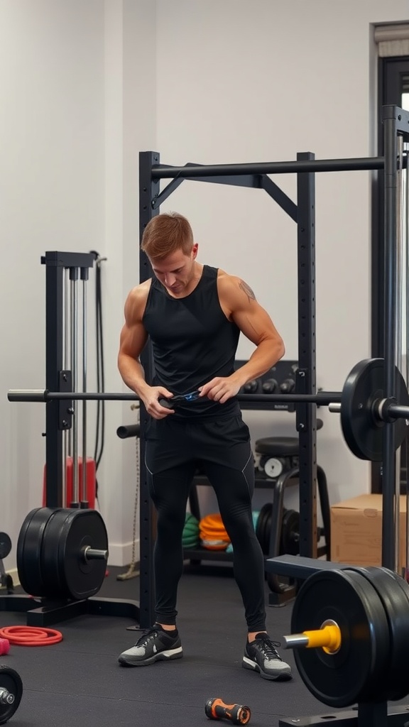 A person inspecting gym equipment in a modern gym setting.