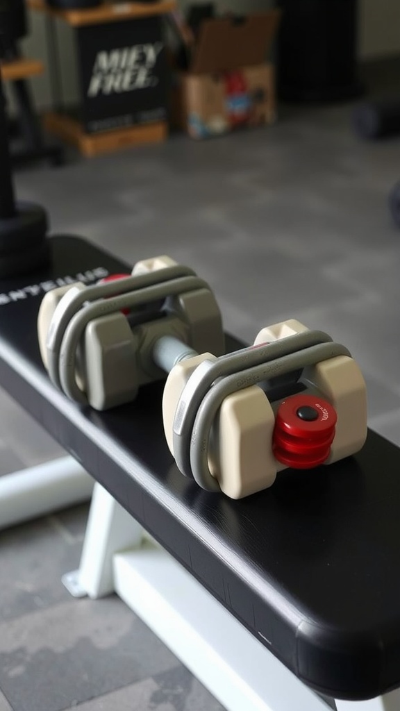 A set of adjustable dumbbells made from PVC resting on a workout bench.